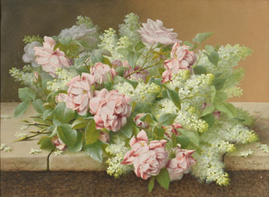 French artist Raoul De Longpre is known for his lush floral still life paintings. This one is estimated at $4,000-$6,000. Case Antiques image.
